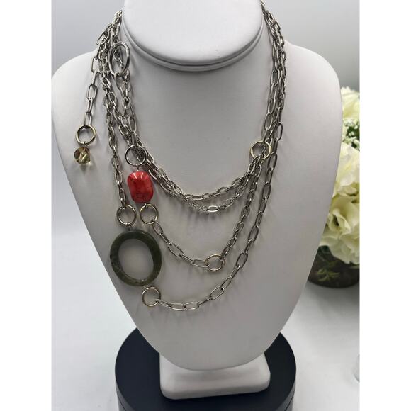 Emily Ray Boho Double Strand Stone Mixed Metal Chains Jade Green Coral Necklace - Picture 4 of 13